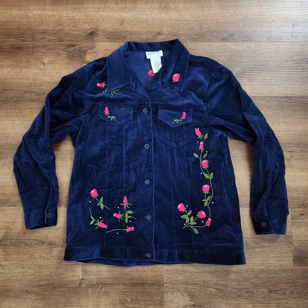 Quacker Factory Blue Velvet Jacket with Pink Rose Embroidery Size Xl